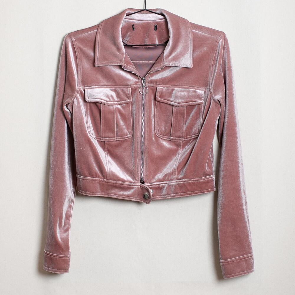 Pink Velvet Crop Jacket Zip Front Snap Cuff Dual Pockets S/M 90s Y2K Style